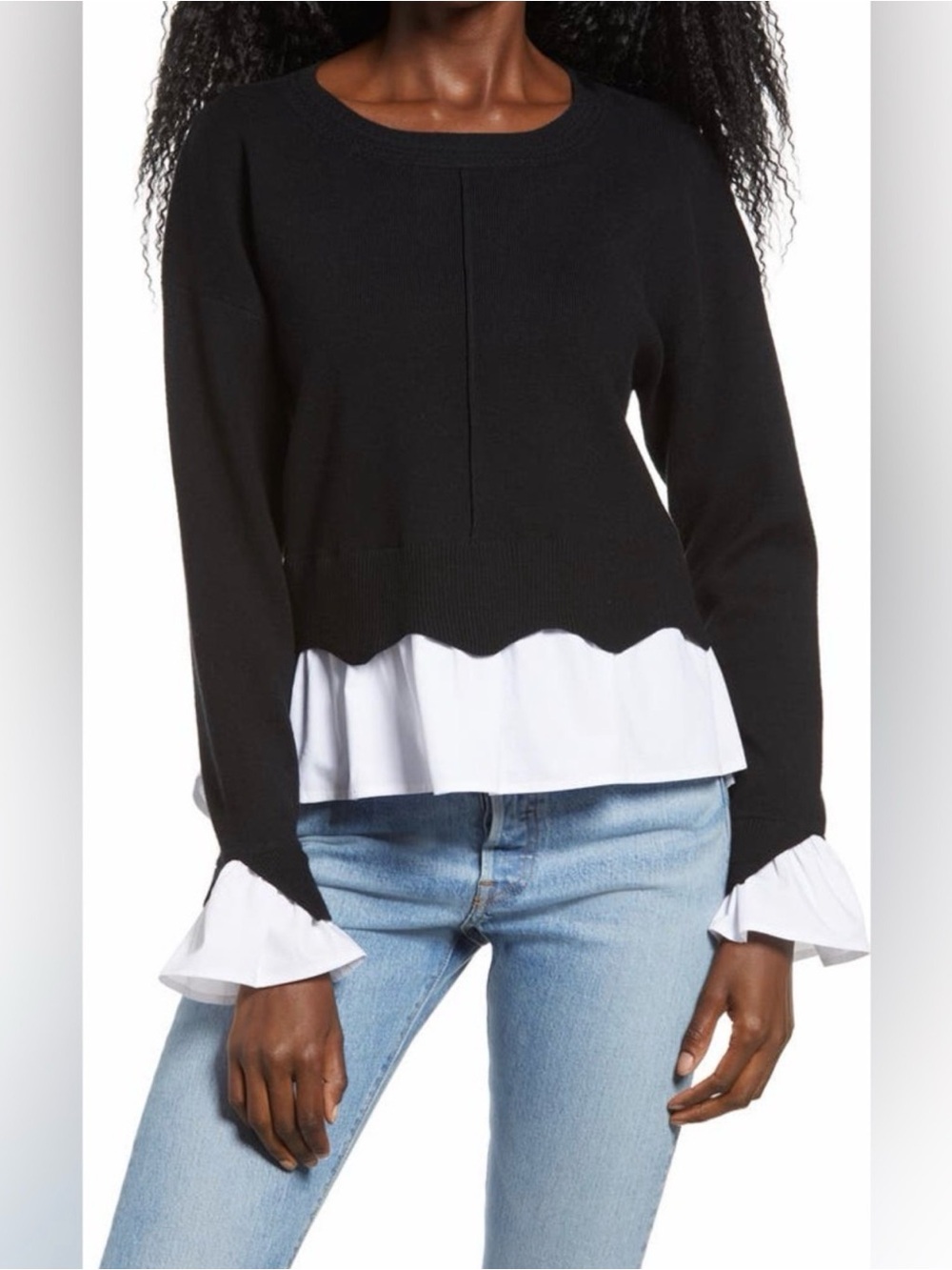 English Factory Scalloped Mixed Black Layered Hem Sweater with White Ruffle Trim